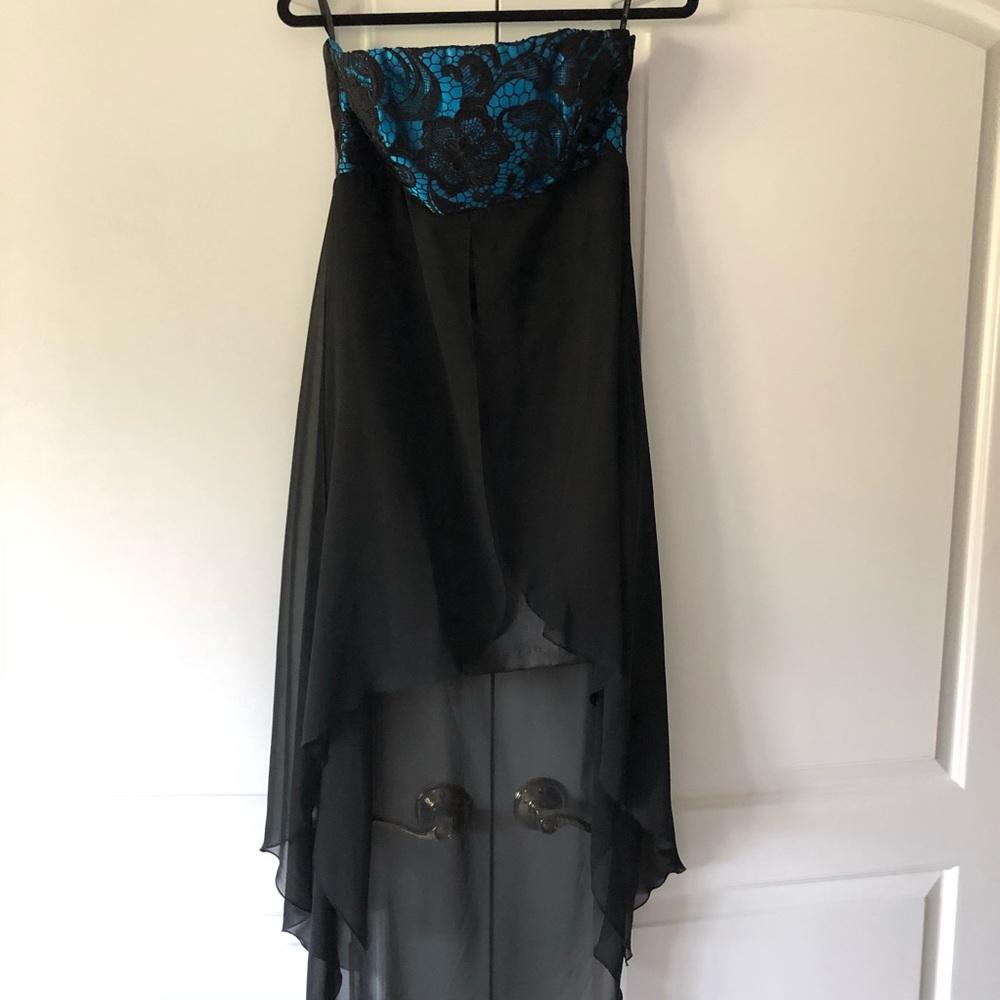 Black dress, high/low chiffon skirt, lace detail